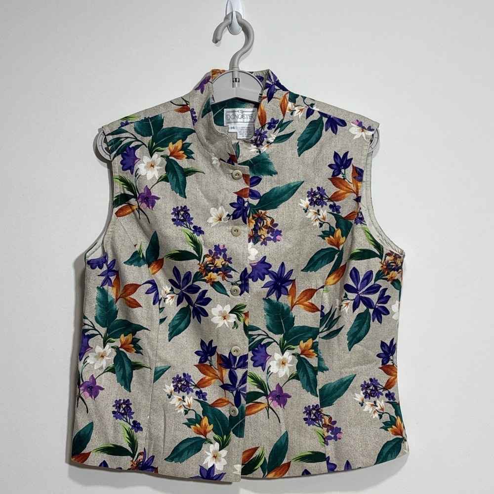 Vtg Doncaster Women's Size 14 Linen Cotton Floral Sleeveless Button Front Blouse